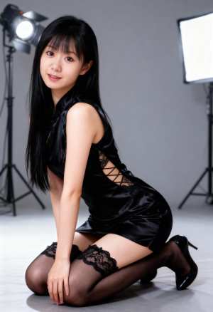 写真スタジオでポーズをとり、笑顔で地面にしゃがむ若い女性を横から撮影した写真。