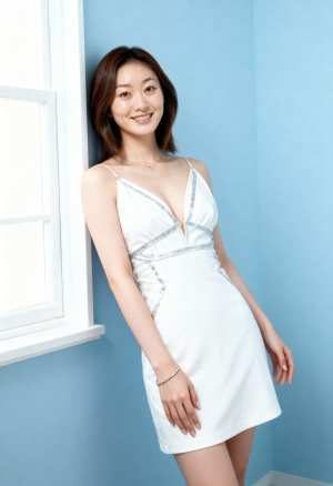 青い壁を背景に白いドレスを着てポーズをとる若い女性を、ポートレート カメラ アングル...。