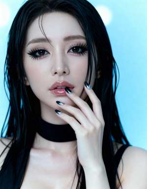 長くまっすぐな黒髪とドラマチックなアイメイクをした若い女性の写実的なポートレート。