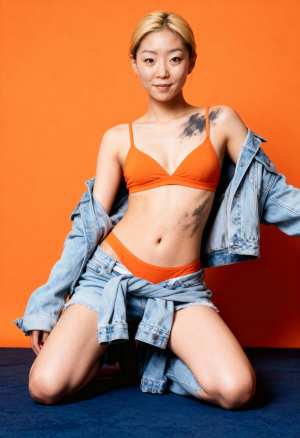 オレンジ色の背景に自信を持ってポーズをとる若い女性を、正面カメラのアングルから写実的...。