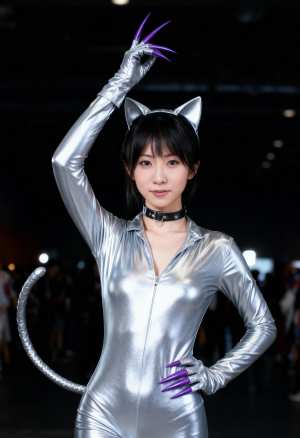 銀色の猫スーツを着たコスプレキャラクターが、ふざけた表情で堂々とポーズをとる、正面カ...。