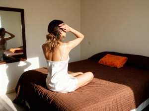 寝室のベッドに座って鏡に映る自分を見ている女性。