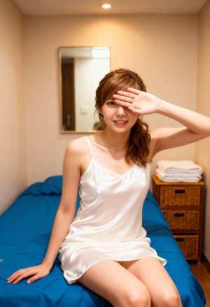 シンプルな寝室の環境でベッドに座り、右手で敬礼している若い女性を正面から写実的に撮影...。