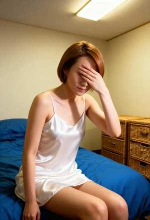 白いシルクのナイトガウンを着て手で目を覆い、ベッドに座っている若い女性を横から撮った...。