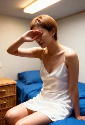 白いスリップ ドレスを着て、右手で敬礼しながらベッドに座っている若い女性を横から撮っ...。