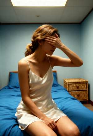 白いシルクのスリップドレスを着て手で目を覆い、ベッドに座っている若い女性を横から撮っ...。