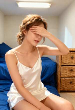ベッドに座り、目を手で覆っている若い女性を正面から写実的に撮影した写真。