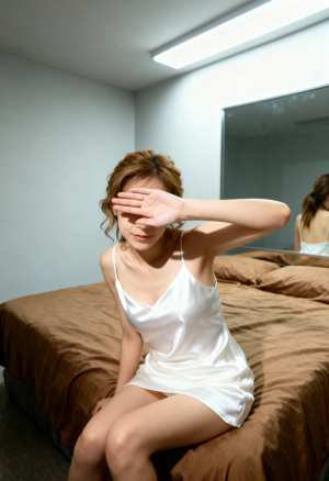 白いスリップドレスを着て手で目を覆い、ベッドに座っている若い女性を横から撮った写実的な写真。