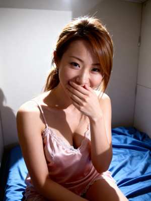 ベッドに座り、手で口を覆い、遊び心のある表情でカメラを直接見つめている若い女性を、正...。