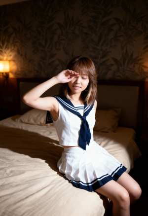 薄暗い寝室のベッドの上でセーラー服を着た若い女性が敬礼する様子を横から写実的に撮影した写真。