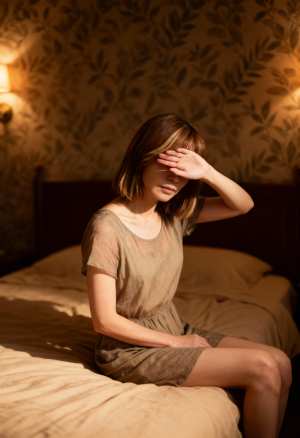 花柄の壁紙と壁取り付け用燭台が 2 つある薄暗い寝室で、ベッドに座って手で目を覆って...。