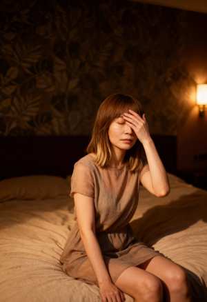 花柄の壁紙と壁取り付け用燭台が暖かい光を提供する薄暗い寝室で、両手で頭を抱えてベッド...。