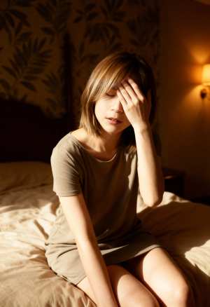 柔らかく暖かい光に照らされて、頭を両手で抱えてベッドに座っている若い女性を横から撮影...。