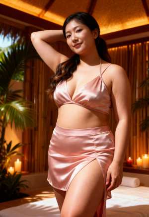 キャンドルと緑を背景にしたスパの環境で、ピンクのサテンの衣装を着て自信を持ってポーズ...。