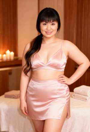 ピンクのサテンの衣装を着た若い女性がスパの環境で自信を持ってポーズをとる、正面からの...。