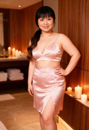 豪華なスパ環境で、ピンクのサテンのクロップトップとそれに合ったスカートを着た若い女性...。