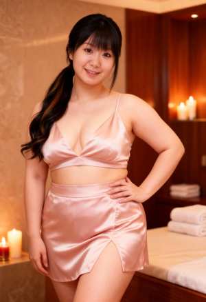 ピンクのサテンの衣装を着た若い女性がスパの環境で自信を持ってポーズをとる、正面カメラ...。