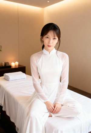 白いアオザイを着て、スパのマッサージ テーブルに座っている若い女性を正面から写実的に...。