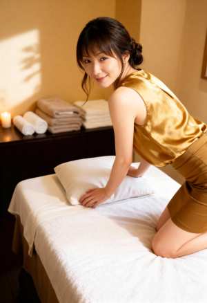 金色のシルクのノースリーブトップと茶色のペンシルスカートを着て、スパのマッサージテー...。