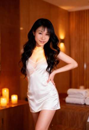 豪華なスパ環境で白いスリップ ドレスを着てポーズをとる若い女性を横から見た写真のよう...。