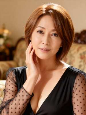 茶色の短い髪をした中年のアジア人女性が、袖が透けた黒い水玉模様のドレスを着て、居心地...。