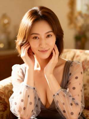 居心地の良いリビング ルームのソファに座っている、茶色の短い髪の若い女性の写実的なポ...。