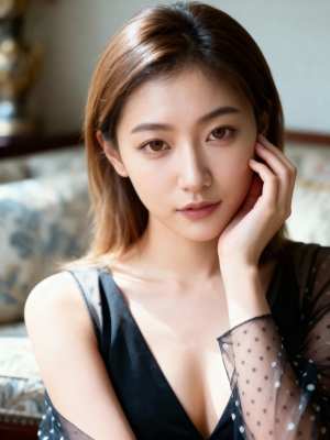 長くまっすぐな茶色の髪と、大きく表情豊かな茶色の目をした若いアジア人女性の写実的なポ...。