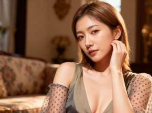 花柄のソファを背景に居心地の良いリビング ルームに座っている、白い肌と長い茶色の髪を...。