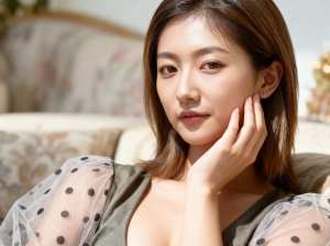 居心地の良いリビング ルームのソファに座り、思慮深い表情でカメラを直接見つめている若...。