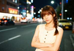 夜の街の通りの真ん中に腕を組んで立っている若い女性の写実的なポートレート。