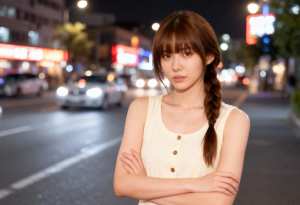 夜の街の通りの真ん中に真剣な表情で腕を組んで立っている若い女性を、ポートレート カメ...。