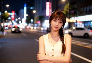 ぼやけた街並みを背景に、夜の街路の真ん中に立つ若い女性の写実的なポートレート。