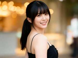 横顔カメラの角度から撮影された、陽気な表情をした若いアジア人女性の写真のようにリアル...。