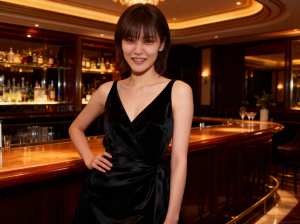黒いベルベットのドレスを着て高級バーに立つ若い女性を正面から写実的に撮影したもの。