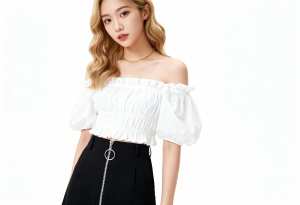 ウェーブのかかった長いブロンドの髪を持つ若い女性。