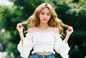 ウェーブのかかったブロンドの長い髪を持つ若い女性が、白いオフショルダーのトップスとハ...。