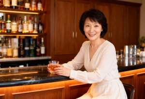 バーに座り、ウイスキーのグラスを持ちながらカメラに向かって微笑む中年のアジア人女性の...。