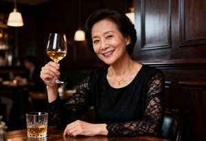 薄暗いレストランの木のテーブルに座り、右手に白ワインの入ったグラスを持ち、カメラに向...。