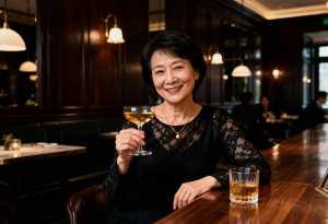 薄暗いレストランの木製バーに座り、右手に白ワインのグラス、左手に小さなウィスキーのグ...。