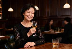 薄暗いレストランの木のテーブルに座り、右手に白ワインの入ったグラスを持ち、カメラに向...。