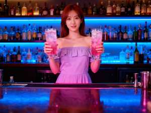 さまざまなボトルが並ぶカラフルなバーの前で、ピンクのカクテルを 2 杯持ったバーカウ...。