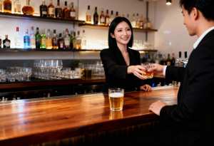 バーで客にドリンクを提供するバーテンダーを正面カメラのアングルから写実的に撮影したもの。