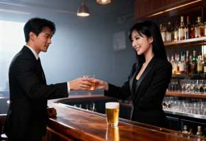 バーで握手するフォーマルな服装をした男女を横から撮ったフォトリアルな写真。