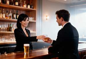 バーで顧客にビールのグラスを手渡す受付係の正面カメラ アングルからの写実的な撮影。