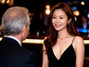 薄暗いレストランの雰囲気の中で、黒いドレスを着た女性がフォーマルな服装の男性に微笑み...。