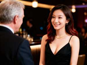 薄暗いレストランのテーブルに座り、フォーマルな雰囲気の中で男性に微笑む黒いドレスを着...。