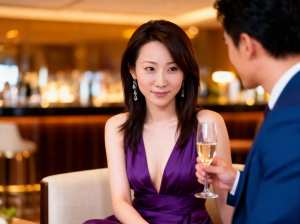 フォーマルな環境で、男性の前でシャンパンを飲みながらテーブルに座る紫色のドレスを着た...。