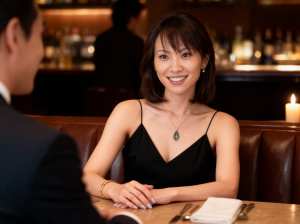 レストランのテーブルに座り、目の前に座っている男性に微笑みかけ、会話をしている女性を...。