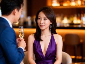 紫色のドレスを着た女性が、フォーマルな雰囲気の中でシャンパンのグラスを持った男性に注...。