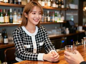 黒と白のチェック柄のカーディガンを着て、バーに座り、カメラに向かって微笑む若い女性を...。